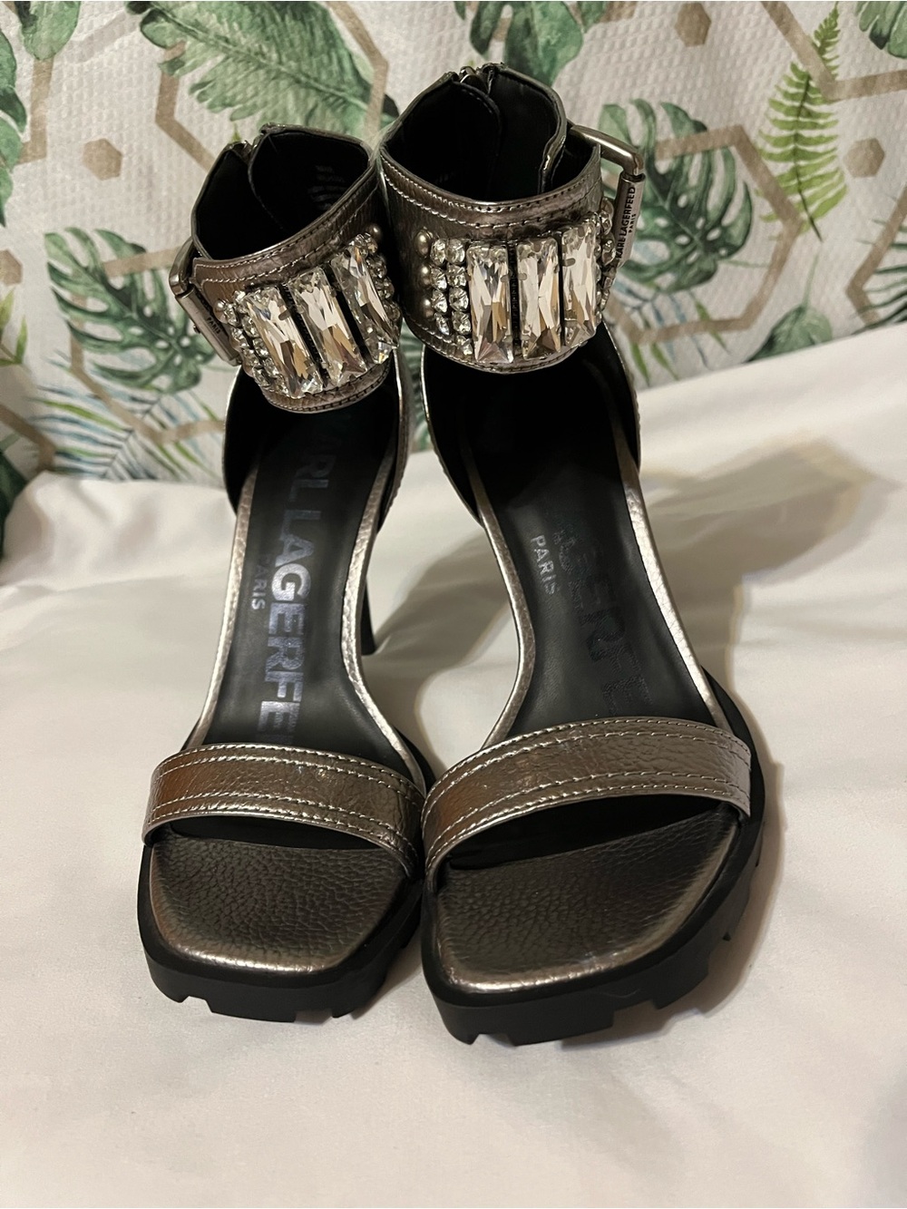 Metallic Crystal-Ankle Strap Heels - Women's